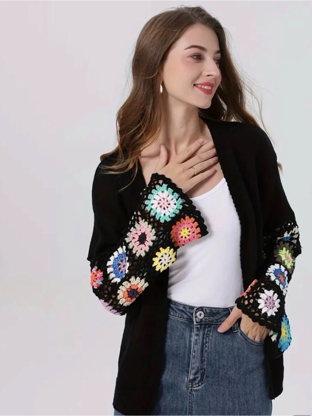 Open Cardigan Sweater Black Crochet-Sleeves Eyelet Mid Length Women’s Size Small